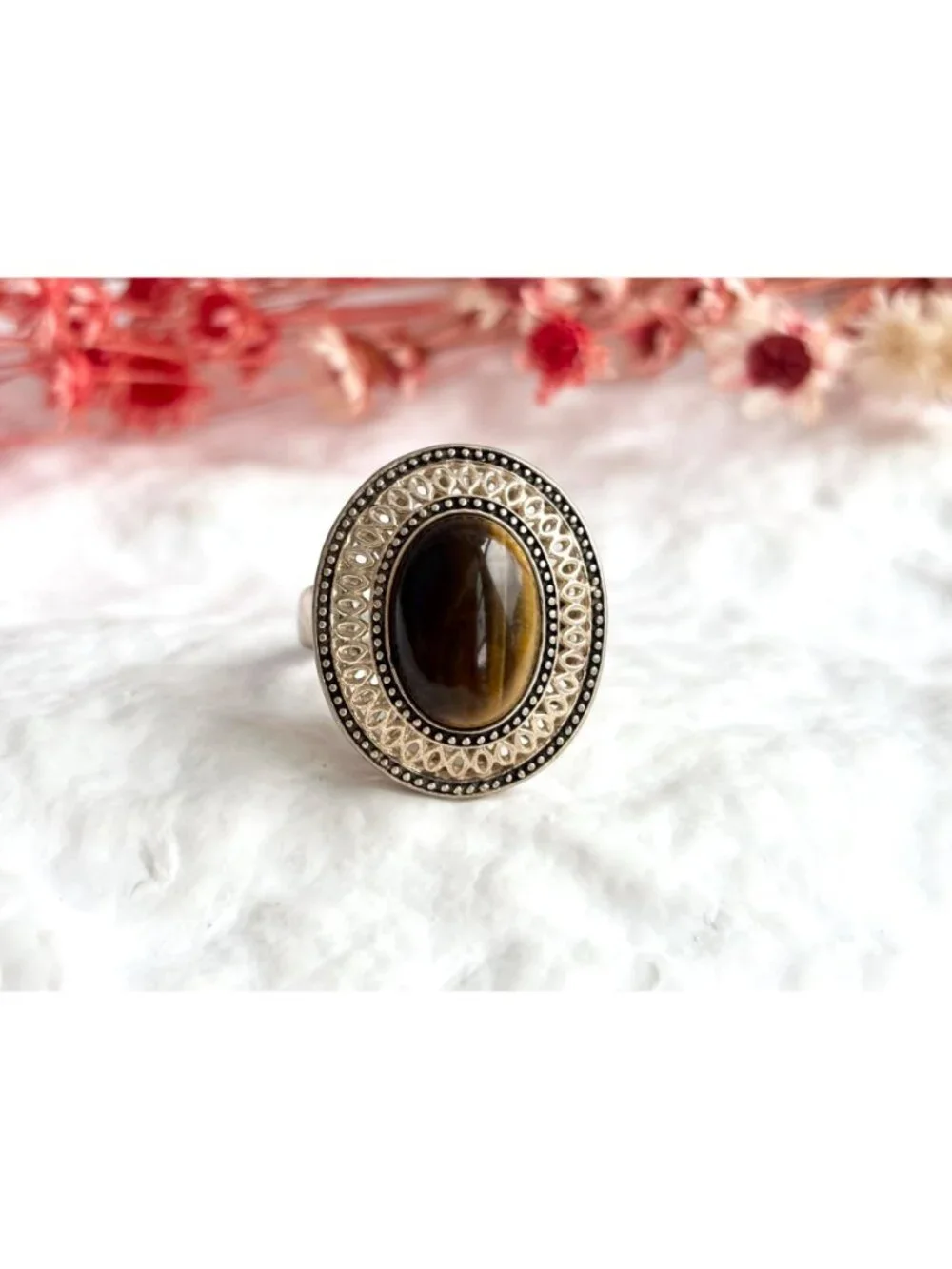 Genuine Tiger's Eye Gemstone Filigree Sterling Silver 925 Vintage Ring - sz 8